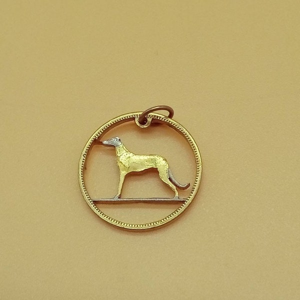 Vintage Gray Hound cutout coin pendant