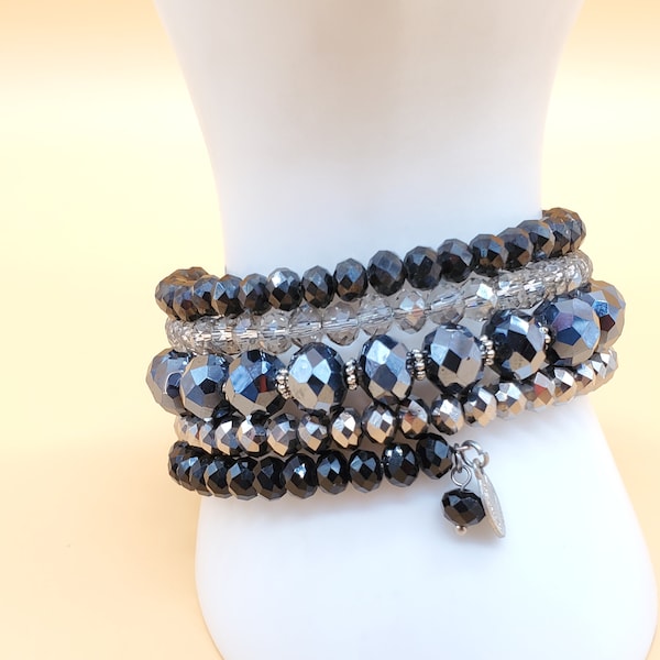 Ali-Khan New York silver black clear glass crystal beaded bracelet