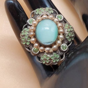 Vintage Czechoslovakia enamel green moonstone pin brooch image 1