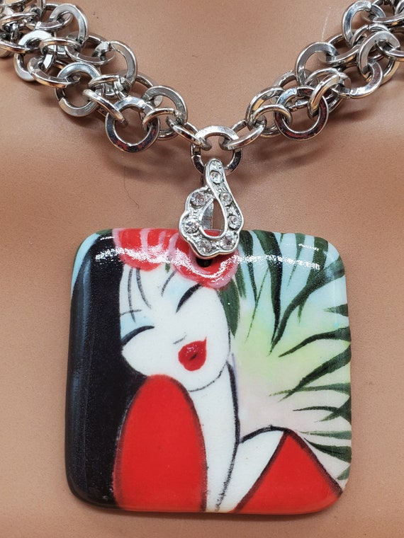 hand painted Asian woman ceramic tile pendant neck