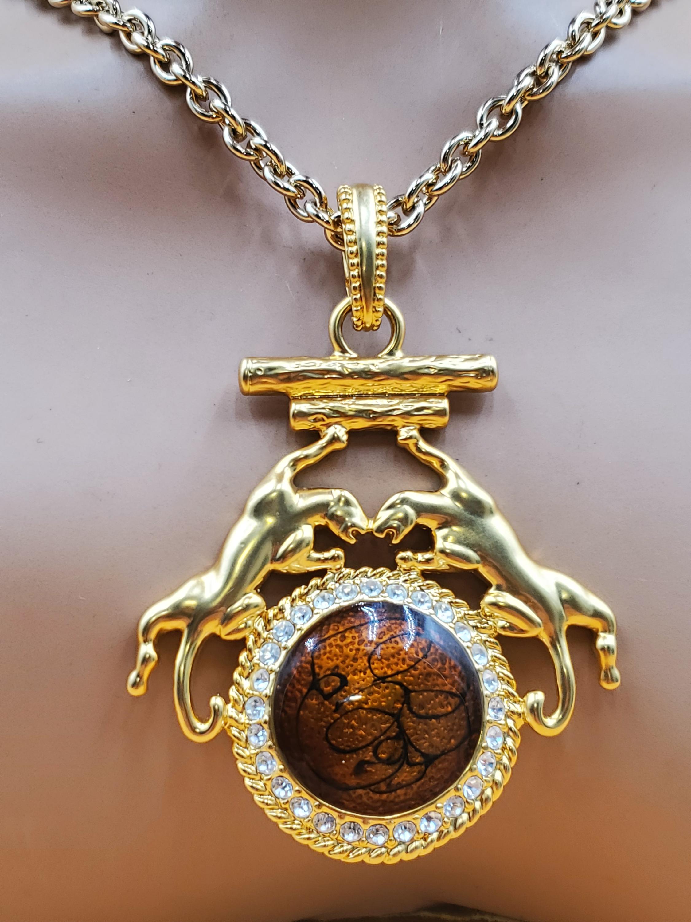 vintage Park Lane gold tone enamel rhinestone double leopard statement pendant necklace