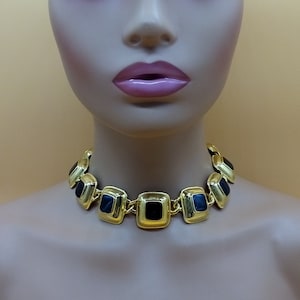 Vintage gold tone black enamel square domed link choker necklace
