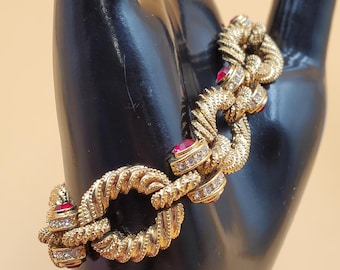 vintage JBK Camrose & Kross Etruscan style gold tone rope chain link bracelet with clear and red crystals