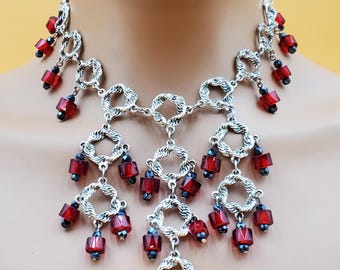 Vintage Chico's silver tone red beaded looped bib choker necklace