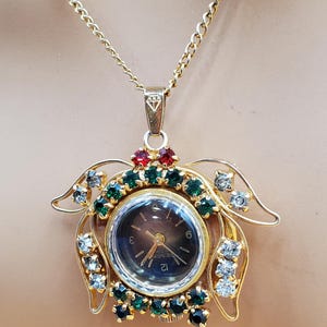 vintage Bengs DeLuxe Antimagnetic Hong Kong wind up rhinestone watch Pendant necklace