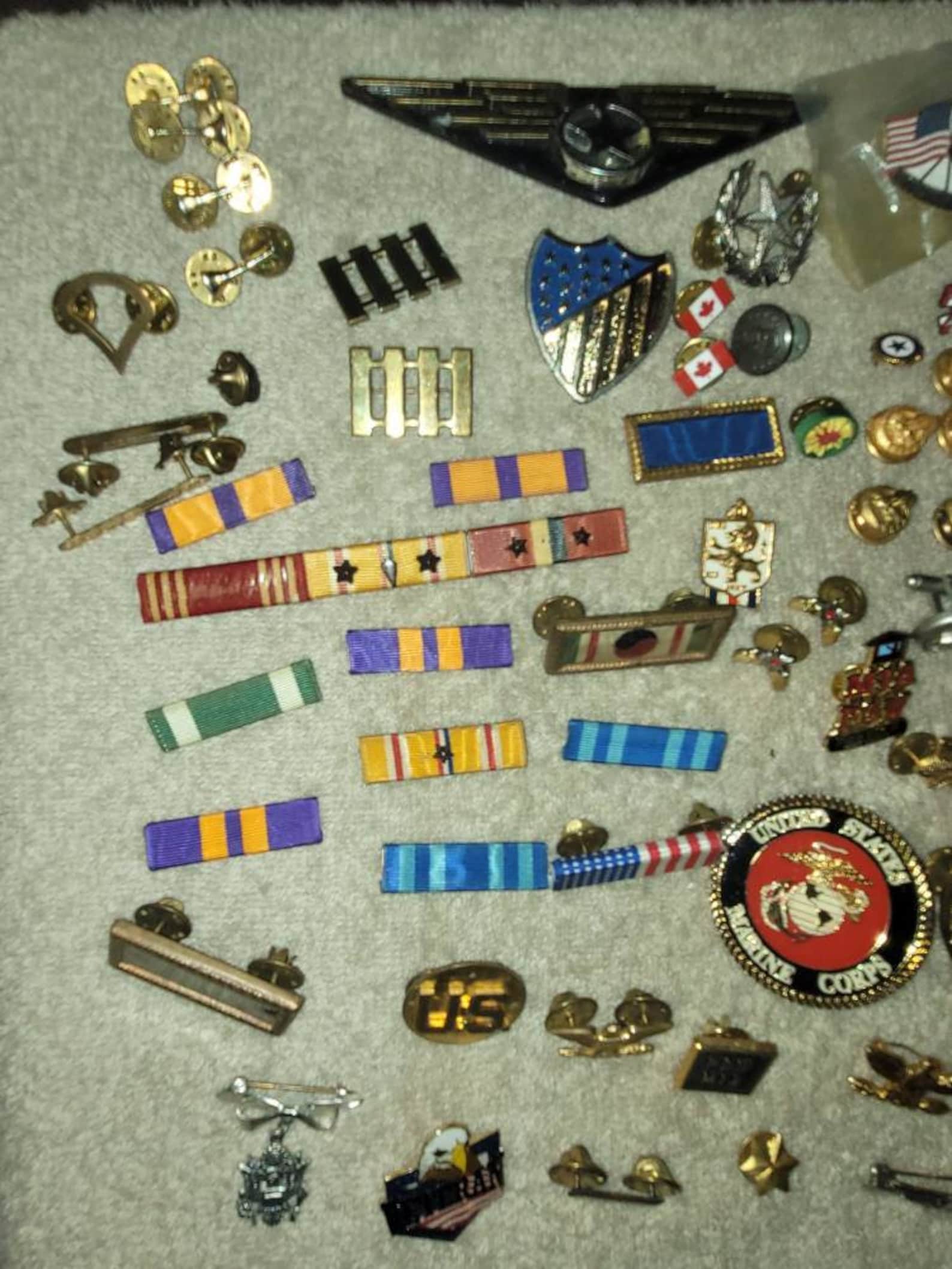 Vintage Military Pins Medals Awards, Lot of 114 Pieces of Military and Military Style Pins and