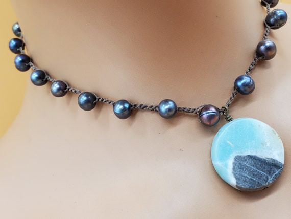 Vintage BOHO chic black pearl necklace with quart… - image 3