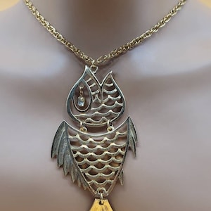 Vintage XL articulated fish pendant necklace with large clear rhinestone eye
