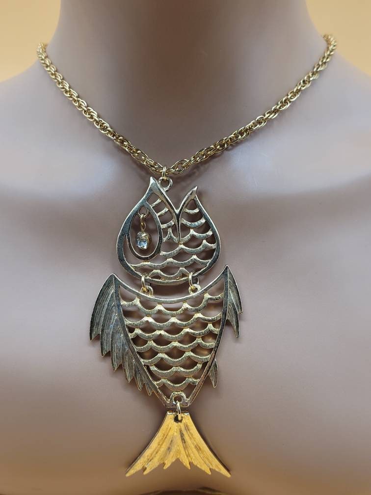 Vintage XL Articulated Fish Pendant Necklace With Large Clear ...