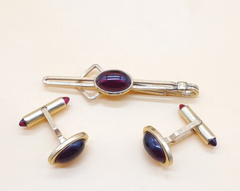 vintage Krementz gold filled in faux Ruby cufflinks with matching tie clip set