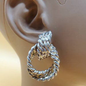 Vintage metallic pewter tone textured door knocker clip on earrings