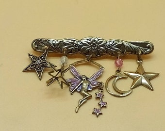 Vintage whimsical Fairy charm bar brooch