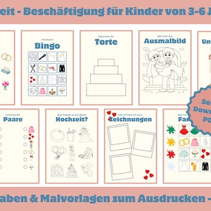 Könnte beinhalten: Eine Sammlung von druckbaren Aktivitätsblättern zum Thema Hochzeit für Kinder im Alter von 3-6 Jahren. Die Blätter enthalten Labyrinthe, Bingo, Ausmalbilder und Zuordnungsspiele. Das Bild zeigt verschiedene Illustrationen und den Text "Aufgaben & Malvorlagen zum Ausdrucken - PDF".
