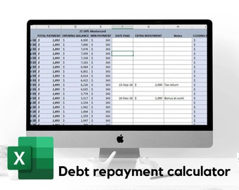 May include: A computer screen displaying a spreadsheet with a debt repayment calculator. The spreadsheet shows columns for total payment, opening balance, minimum payment, date paid, extra repayment, notes, and closing balance. The spreadsheet is titled "Debt repayment calculator".