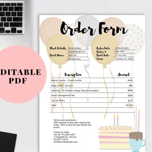 Event planning order form template, Editable PDF Download - Party planning business order form, Event planner business order form