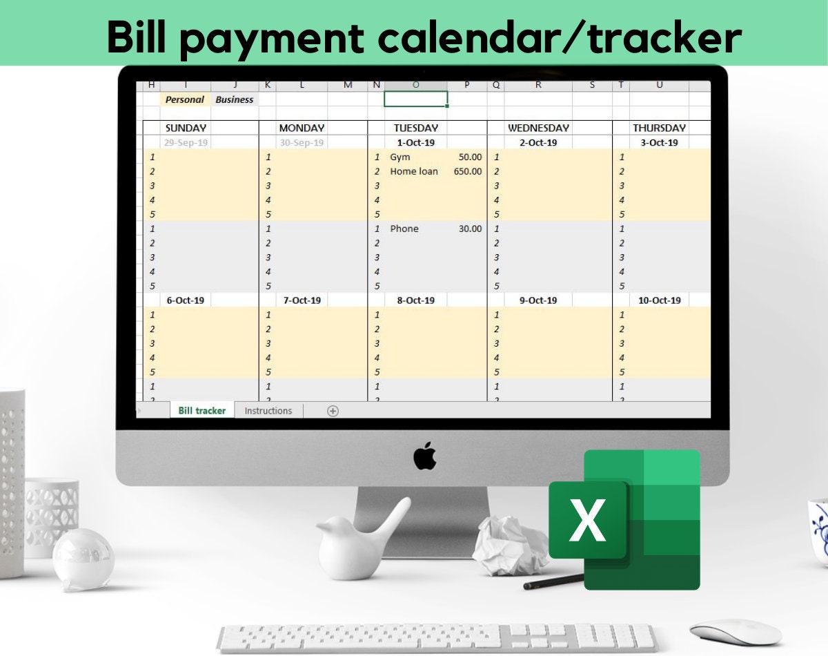 Digital Bill Tracker, Bill Pay Calendar EXCEL Instant Digital Download