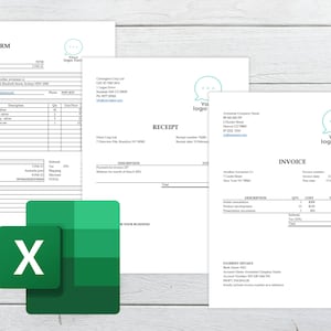 Op de afbeelding: Een wit bestelformulier met een groen-wit Excel-pictogram in de linkerbenedenhoek. Het formulier bevat velden voor bestelnummer, besteldatum, klantgegevens, artikelgegevens, verzendgegevens en totalen. Het formulier bevat ook een logo met de tekst "Your logo here".