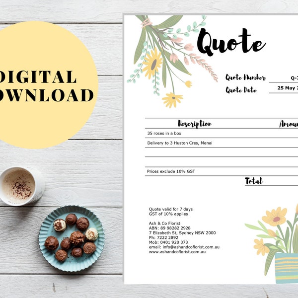 Florist quotation template form, Flower store quote template, Flower shop quotation template, Flower delivery quote form, 8"x 11"