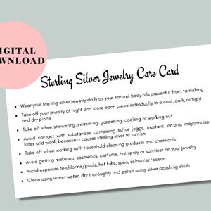 Tarjeta de cuidado de joyas de plata esterlina, Tarjeta de cuidado de joyas de plata, Tarjeta de instrucciones de cuidado de joyas, Tarjeta de joyería imprimible, Descarga digital