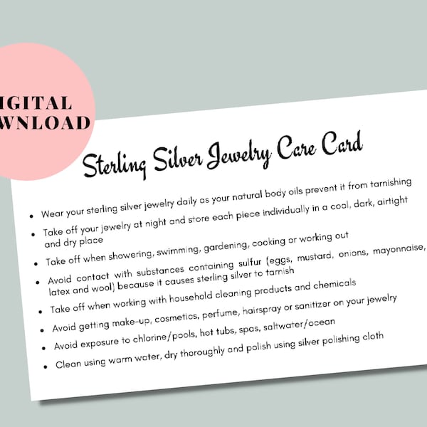 Sterling silver jewellery care card, Silver jewelry care card, Jewelry care instructions card, Printable jewelry card, Digital download