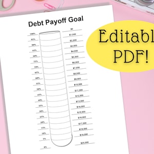 May include: A printable debt payoff goal tracker in the form of a thermometer. The tracker is black and white and has a scale from 0% to 100% with corresponding dollar amounts from $0 to $20,000.