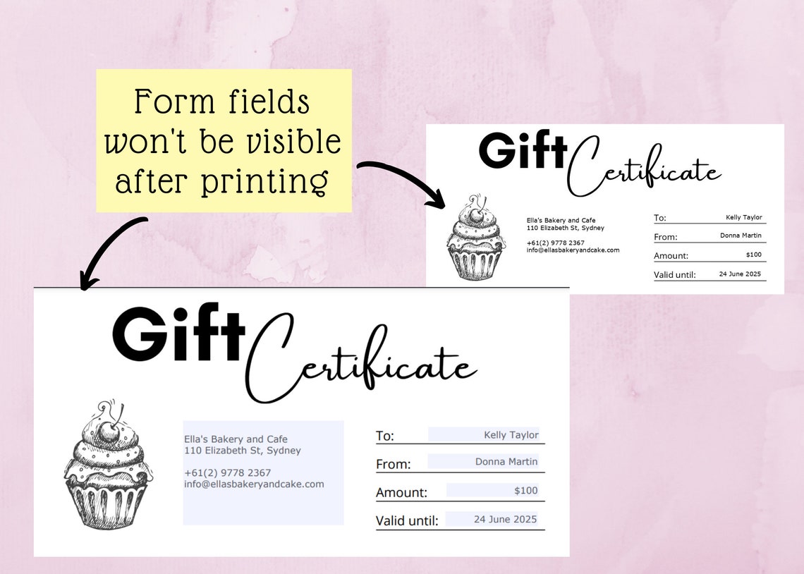 Bakery Gift Card Cake Shop Gift Card Template Gift Voucher Cupcake PDF Template Gift Certificate
