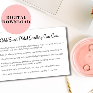 Tarjeta de cuidado de joyas chapadas en oro, Tarjeta de cuidado de joyas chapadas en plata, Tarjeta de instrucciones de cuidado de joyas, Tarjeta de joyería imprimible, Descarga digital