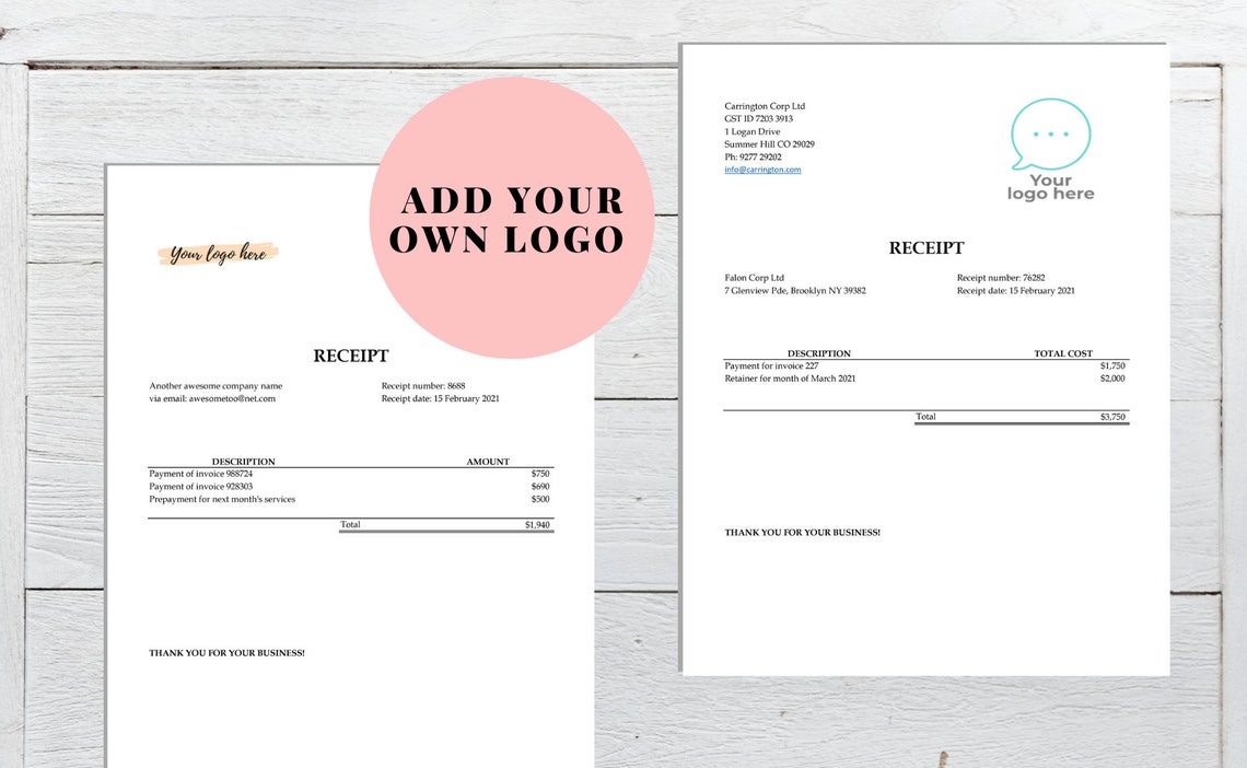 Excel Receipt Template Editable Receipt Add Your Instant Download Etsy