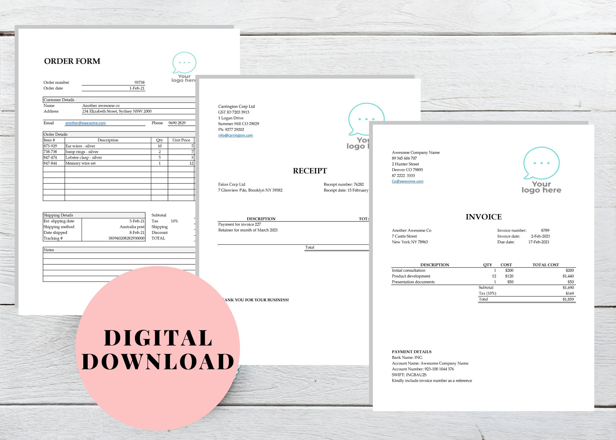 Excel invoice template bundle receipt template with logo etsy