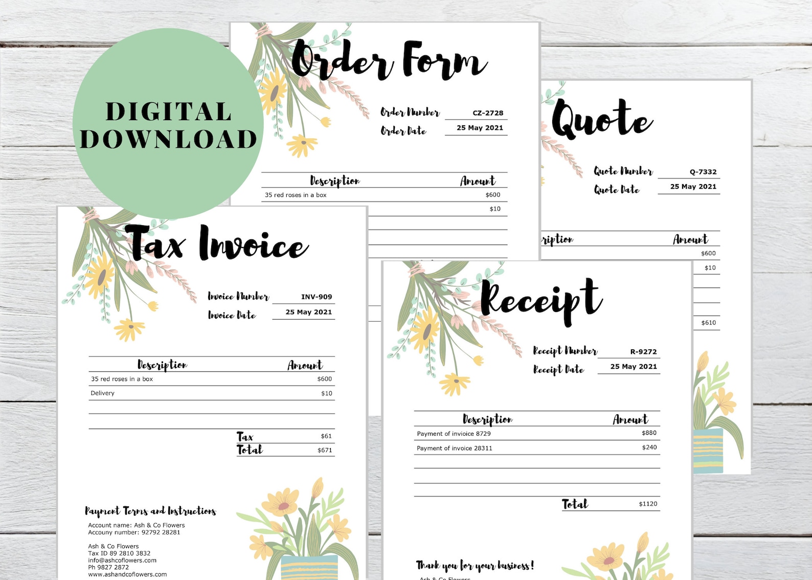 flower-shop-invoice-template-receipt-template-quotation-form-etsy