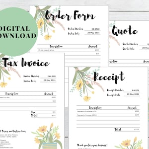 May include: A set of printable floral themed business forms for order forms, quotes, invoices, and receipts. The forms are designed with a floral motif and include fields for order number, date, description, amount, and total.