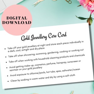 Tarjeta de cuidado de joyas de oro, Tarjeta de cuidado de joyas de oro, Tarjeta de instrucciones de cuidado de joyas de oro, Tarjeta de joyería imprimible, Descarga digital