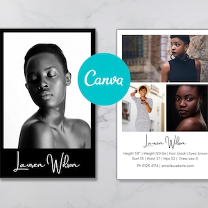 May include: A black and white photo of a woman with her eyes closed. The photo is in a black frame with the name "Lauren Wilson" written in white cursive at the bottom. The photo is next to a white card with a collage of three photos of the same woman. The card has the name "Lauren Wilson" written in black cursive at the top. The card also includes the woman's height, weight, hair and eye color, bust, waist, hip measurements, dress size, phone number, and email address.