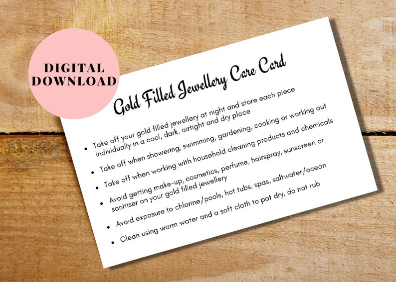 Gold Filled Jewellery Care Card, Gold Filled Jewelry Care Card, Jewelry