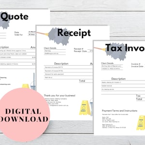 Könnte beinhalten: Ein digitaler Download für eine Reinigungsdienst-Angebots-, Quittungs- und Mehrwertsteuer-Rechnungsvorlage. Die Vorlagen zeigen ein Cartoon-Bild eines Staubmopps und eines Eimers mit einem Warnschild.