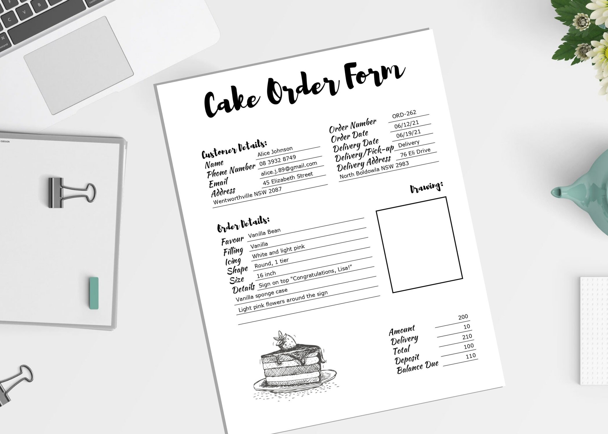 Wedding Cake Order Form Template, Bakery Order Form, Cake Business
