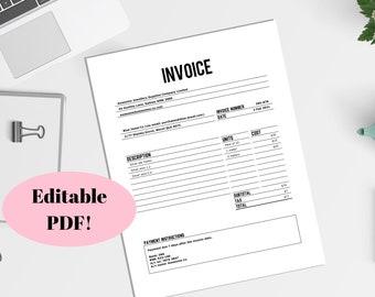 Editable PDF Invoice Template | Printable Business Tax Invoice (8.5" x 11")