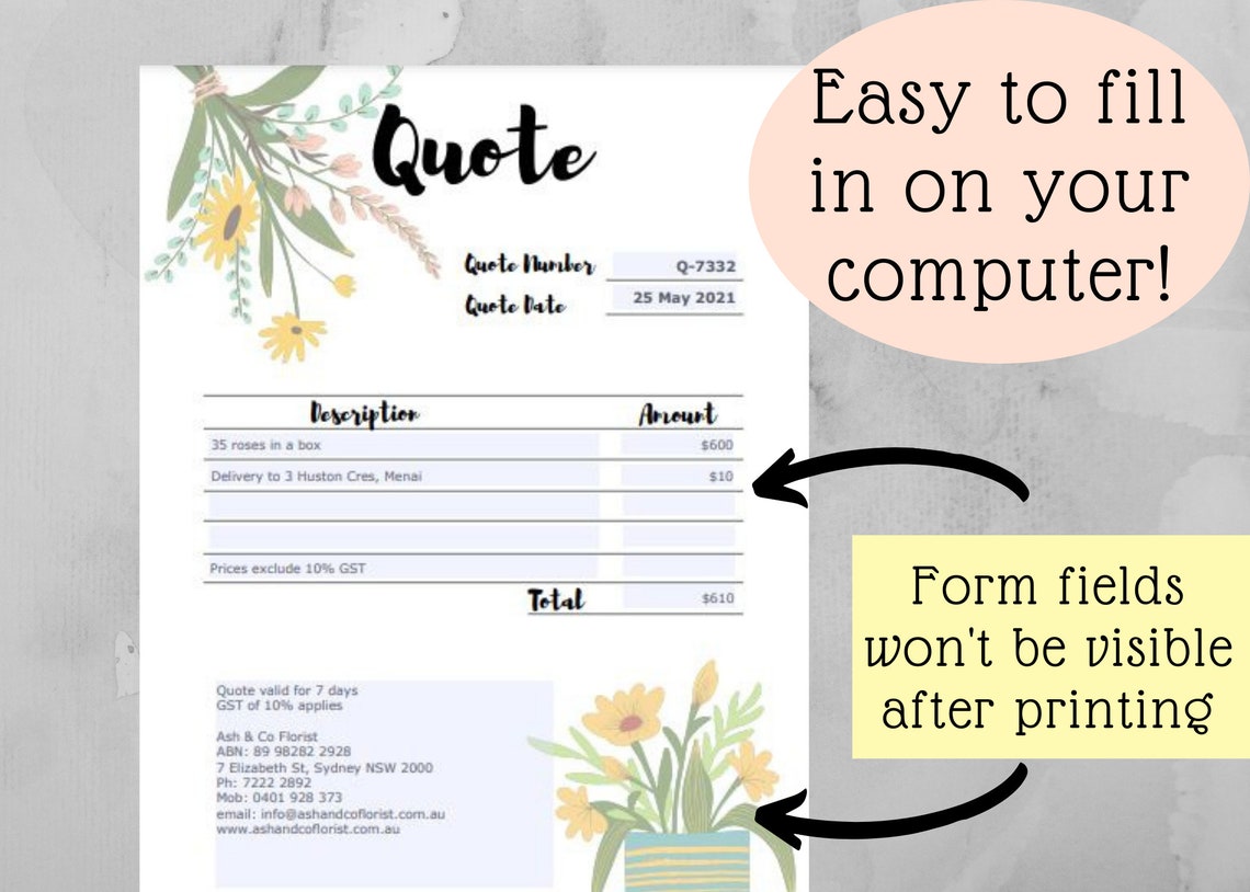Florist Quotation Template Form, Flower Store Quote Template, Flower Florist Quotation Template Form, Flower Store Quote Template, Flower