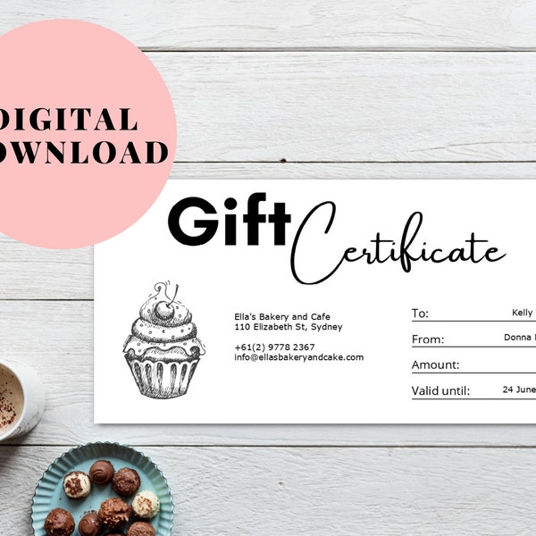 Bakery gift card | Cake shop gift card template | Gift voucher cupcake PDF template | Gift certificate editable PDF digital download