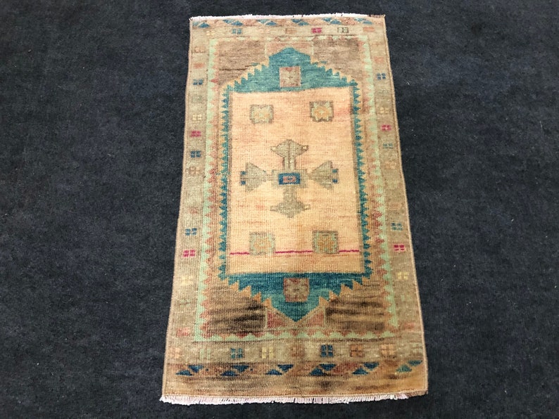 Handmade Oushak Entrway Small Rug ! Hand Knotted Low Pile Faded Muted Light Color Vintage Bathroom Small Turkish Doormats