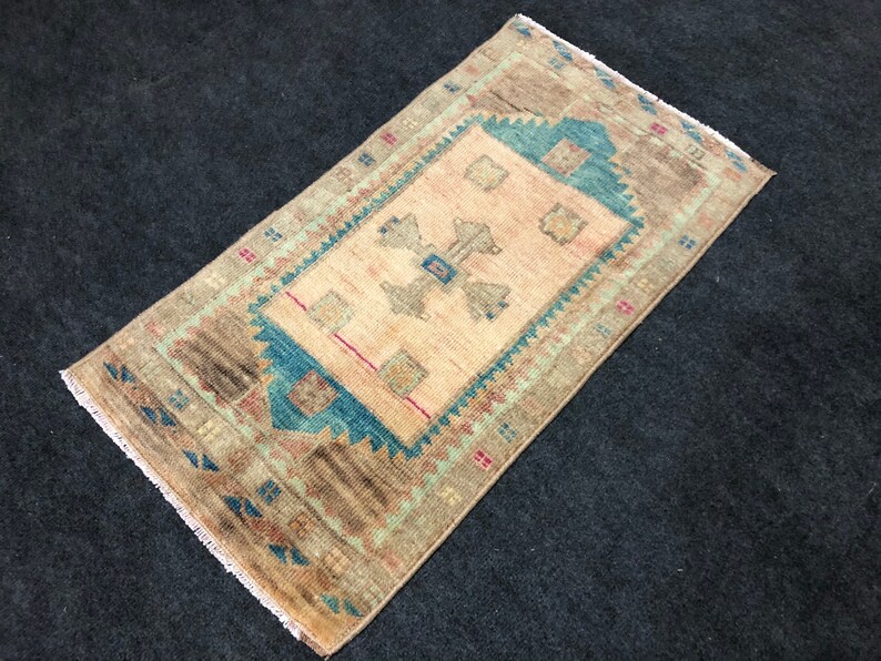 Handmade Oushak Entrway Small Rug ! Hand Knotted Low Pile Faded Muted Light Color Vintage Bathroom Small Turkish Doormats