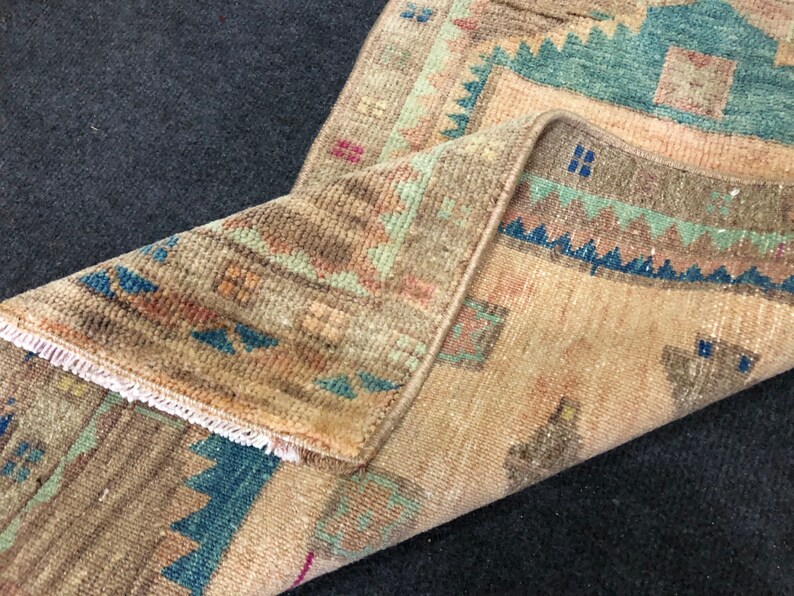 Handmade Oushak Entrway Small Rug ! Hand Knotted Low Pile Faded Muted Light Color Vintage Bathroom Small Turkish Doormats