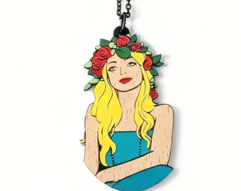 Colgante de madera pintado a mano - Mujer con corona de rosas - Joyería única hecha a mano - Arte para llevar