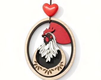 Colgante gallo, madera pintada a mano corte láser y grabado, rústico y natural, animales de granja