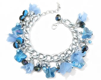 Pulsera Boho Charm, Seda Azul y Cristales Swarovski, Cuentas Checas Facetadas