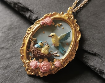 NIDO ++ Bird Mother Nest Necklace miniature figurine resin pendant gold baroque frame roses