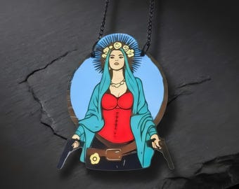 Colgante chicana, Virgen armada, mujer mexicana
