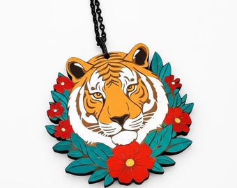 Collar con colgante de tigre con tatuaje de la vieja escuela - Joyería vintage estilo rockabilly - Arte tradicional americano