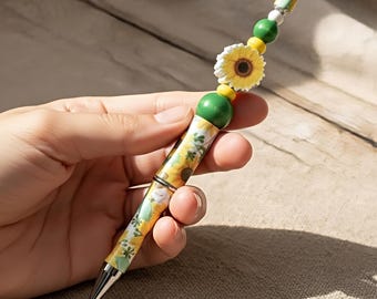 Bolígrafo de girasol hecho a mano – Bolígrafo decorativo verde y amarillo – Bolígrafo de girasol hecho a mano – Regalo de escritura natural – Rosa Néotéra
