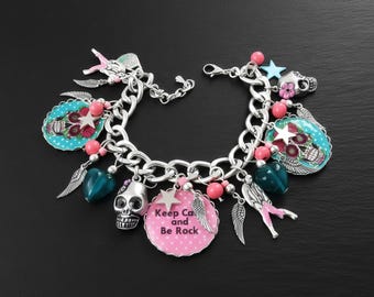 Vintage pink and green Keep Calm Be Rock charm bracelet, cabochon beads